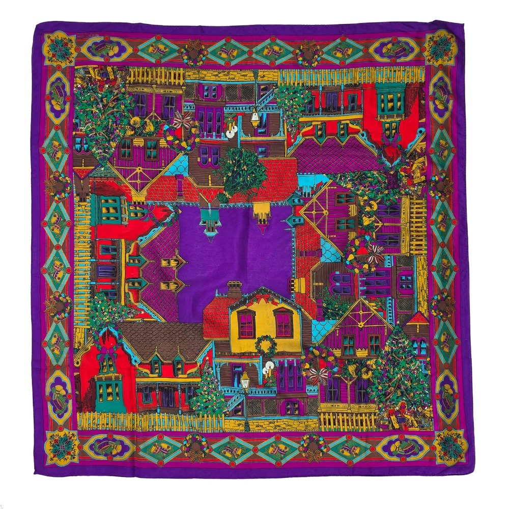 Vintage Oscar de la Renta Studio Silk Scarf Christmas Village Japan 30" Purple